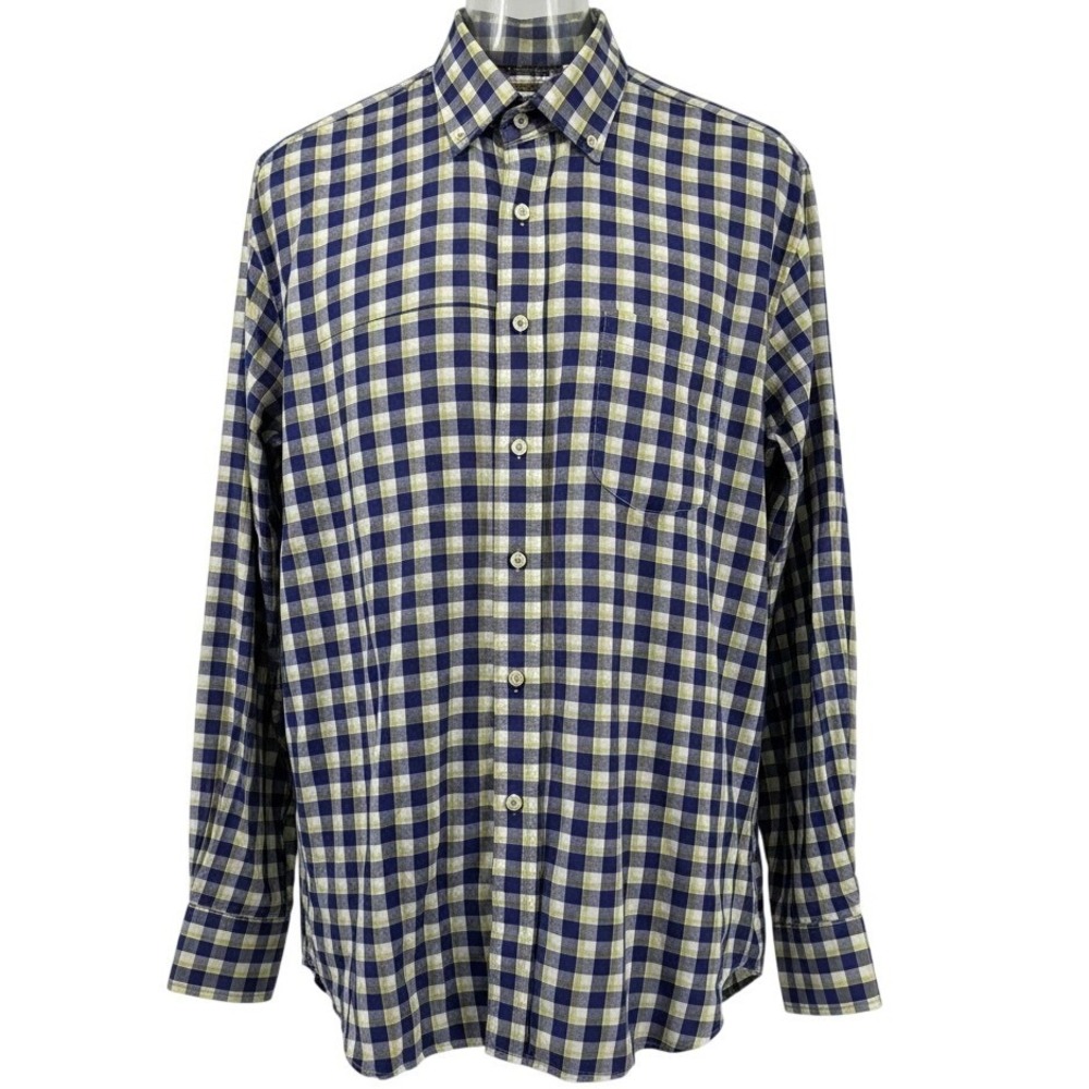 Peter Millar Mens XL Blue Yellow Gingham Check Cotton Button Down